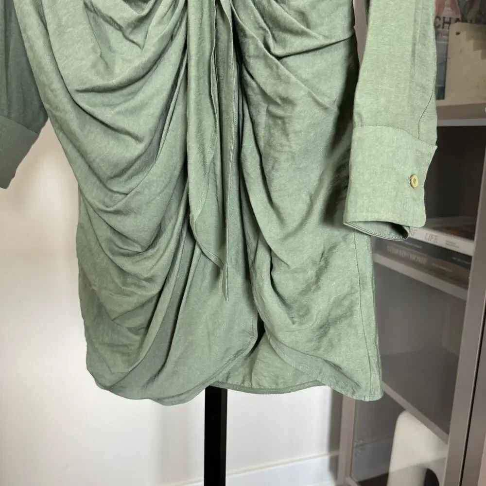 Jacquemus Le Raphia Shirt Dress Draped La Robe Bahia Sage Green Mini Dress 34 2 - Picture 5 of 7